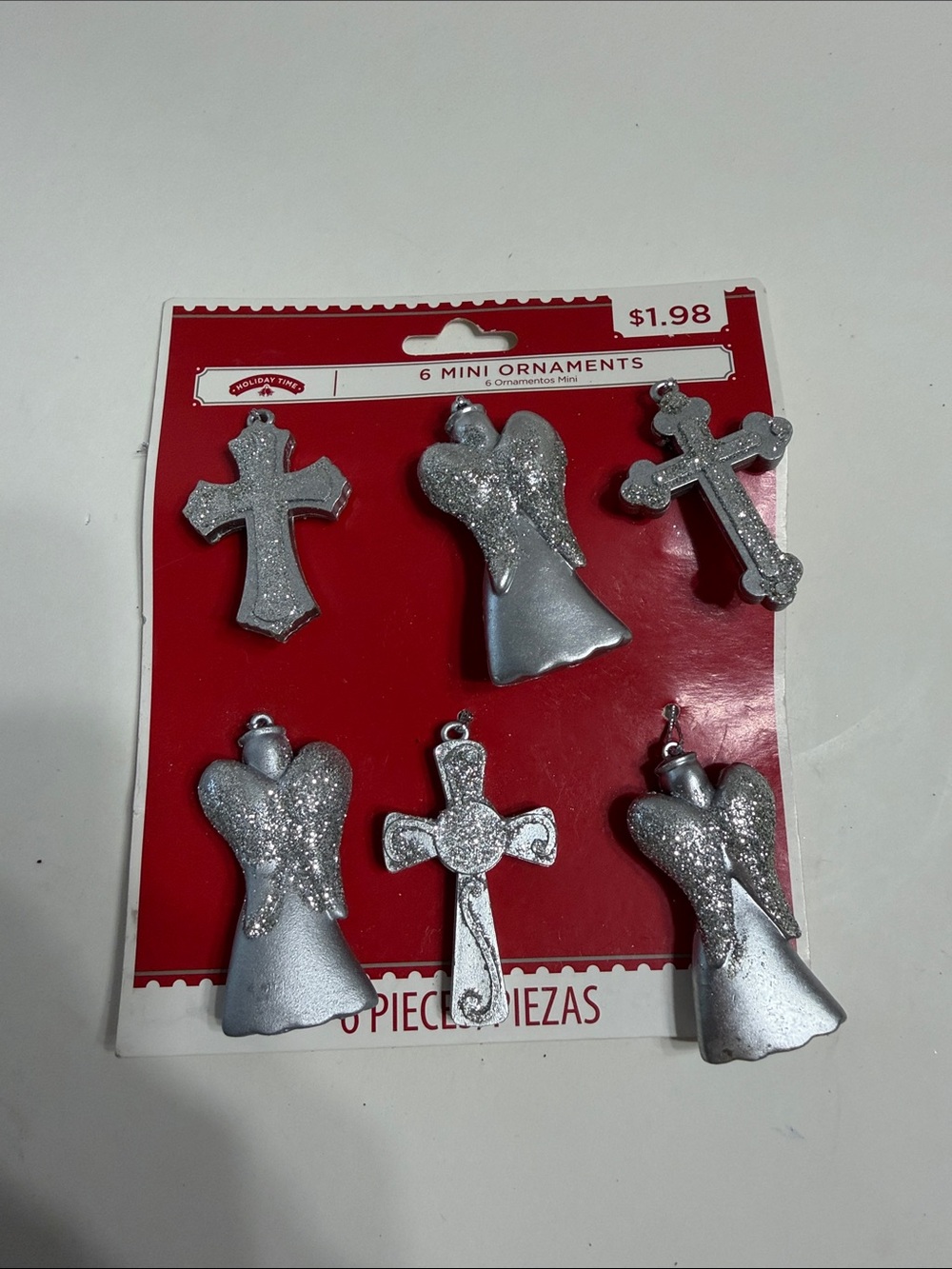 Silver Tone/Glitter Angel and Cross Mini Ornament Set - Holiday Tree Decorations